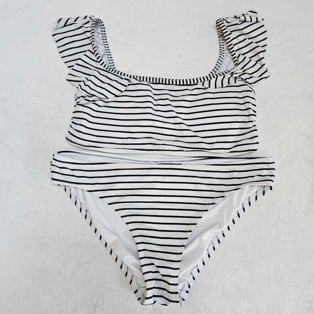 Vince Camuto Swim Ruffle On/Off Shoulder Bandeau Stripe Bikini White/Black SZ L